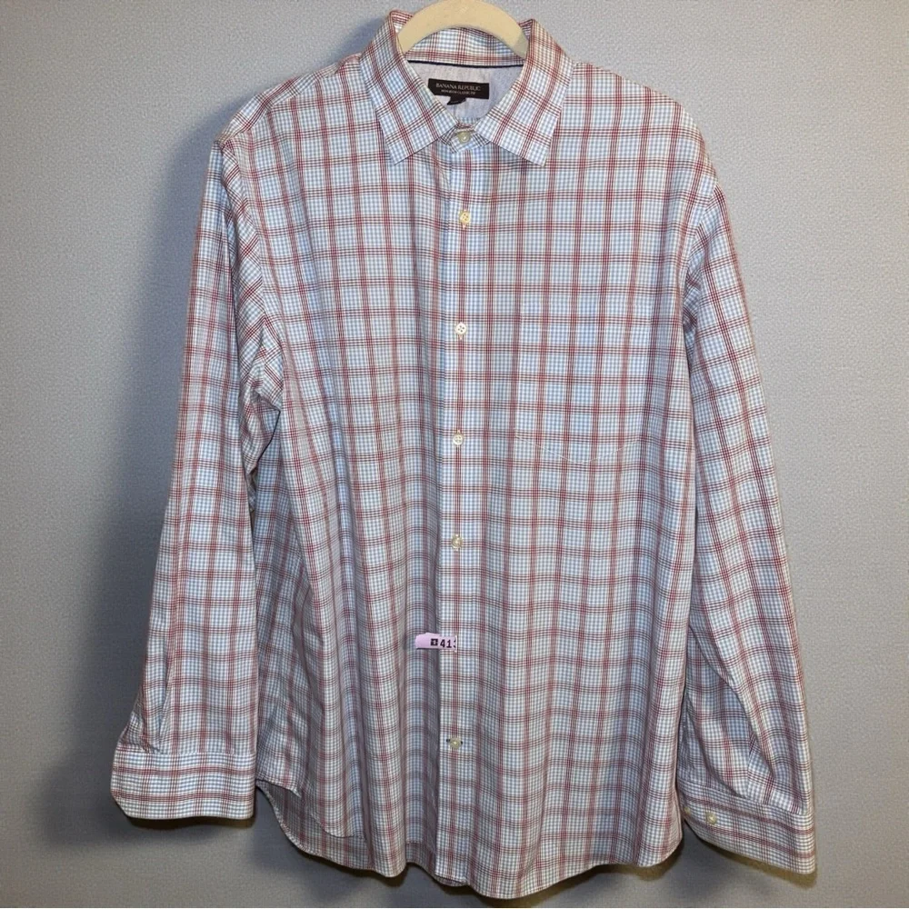 Banana Republic Men’s Non-Iron Classic Fit Plaid Shirt L 16–16.5 Red White Blue